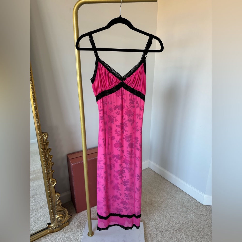 Pink Floral Lace Trim Dress
